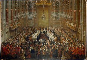 Bankett i anledning bryllupet til keiser Joseph II og Isabella av Parma den 06.10.1760. Med Mozart stående i orkesteret av Martin (and studio) Mytens or Meytens