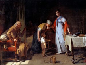 En ung kvinne hjelper en ulykkelig familie Maleri av Martin Drolling (1752-1817) Caen fra 1800-tallet, Musee des Beaux Arts av Martin Drölling