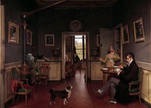 En innvendig utsikt over en spisestue i 1815 En mann i en tøffel tar frokosten foran hundens øyne. Maleri av Martin Drolling (1752-1817)
