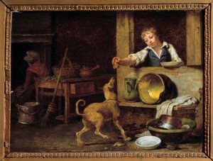 Kjøkkeninnredning En ung tjener gir hunden restene. Maleri av Martin Drolling (1752-1817) 1800-tallets Orleans, Museum of Fine Arts