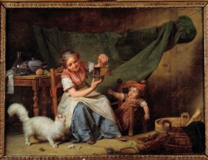 Kvinnen og musen En jente holder en musefanger foran katten og en baby. Maleri av Martin Drolling (1752-1817) 1798 søn. 0,25x0,35 m Orleans. Museum of Fine Arts