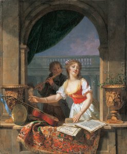En ung dame som strekker seg etter en gitar ved en steinramme og en gutt spiller på fløyte bortenfor, 1796-97