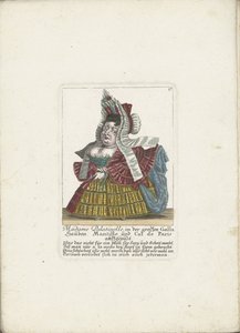 De Franse dwerg Madame Palatinelle, ca. 1710 Madame Palatinelle, i de store galla-panserne, mantille og cul de Paris pimpet opp (tittel på objekt) Il callotto resurcitato eller nyinnredet midtseksjonsskap (serietittel) av Martin Engelbrecht (attributed to)
