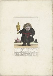 Dvergen Gustavus Weinberger som en geistlig med en kopp, ca. 1710 Eximius et Ponderosus Dominus Gustavus Weinberger menighet i Panzendorf, etc. (tittel på objekt) Il Callotto resurcitato oder Neu eingerichts Zwerchen Cabinet (serietittel) av Martin Engelbrecht (attributed to)