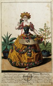 Tidligere metier: En hage for gulv. Gravering av Martin Engelbrecht (1684-1756), i "" New assembly of the manouvries habilles"" 1700-tallet, Tyskland. Paris, dekorativ kunst av Martin Engelbrecht