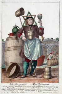 Representasjon av en brygger med en fontene, et glass, en kanne, en bøtte, en tønne, en klubbe, en bolle, en broc, en kjele. Gravering av Martin Engelbrecht (1684-1756) av Martin Engelbrecht
