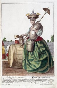 Representasjon av kona til en brygger, som bærer en trakt på hodet, en kornpose, en bolle, en bøtte, en øltønne. Gravering av Martin Engelbrecht (1684-1756)