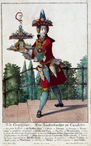 Konditoren: en ung mann som holder et brett med godteri og konfekt. Gravering av Martin Engelbrecht (1684-1756) 1700-tallet. Paris, dekorativ kunst