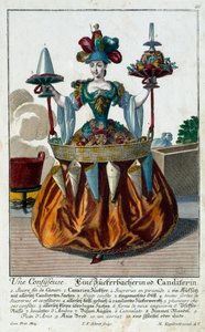 Konditoren: en ung kvinne som holder et brett med godteri og konfekt. Gravering av Martin Engelbrecht (1684-1756) 1700-tallet. Paris, dekorativ kunst