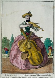 Une Lutiere, Lutist med bratsj, cello og fiolin, av Martin Engelbrecht (1684-1756), fargetrykk, Frankrike