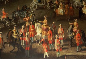 En kavalkade i vinterrideskolen i Wien Hof for å feire nederlaget til den franske hæren i Praha, 1743 (detalj, som viser Maria Theresa, keiserinne av Østerrike, montert på en grå hest) (detaljert