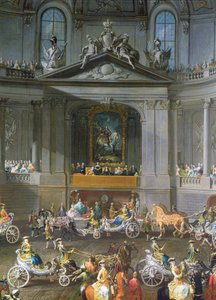 En kavalkade i vinterrideskolen i Wien Hof for å feire nederlaget til den franske hæren i Praha som viser rytterportrettet av keiser Charles VI, detalj fra 1743 av 67400, se også 665 av Martin II Mytens or Meytens