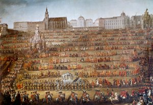 Inngangen til Maria Isabella av Bourbon Parma (1741-1763) til Wien i anledning hennes ekteskap med keiser Joseph II av Østerrike (1741-1790), i bakgrunnen, Augustinernes kirke og hoffets bibliotek En stor kortege er organisert gjennom