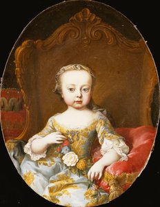 Portrett av hans søster, erkehertuginnen Maria Christine, sittende, tre-kvarts lengde, i en gullbrodert blå kjole som holder en krans av blomster,