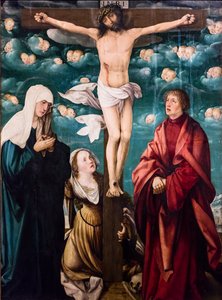Korsfestelse med Jomfru Maria, Maria Magdalena og Johannes Evangelisten, ca. 1525–1530 (Tempera og olje på gran)
