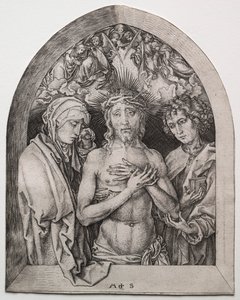 Kristus som sorgens mann mellom jomfruen og den hellige Johannes av Martin Schongauer