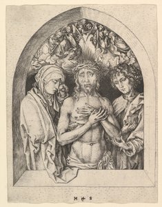 Kristus som sorgens mann med jomfruen og den hellige Johannes, ca. 1435-1491. av Martin Schongauer