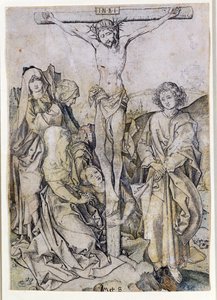 Kristus på korset, med jomfruen og Johannes (gravering) av Martin Schongauer