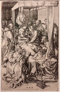 Gravering på papir. Jomfruens død. Martin Schongauer. Ca 1470-1491. (gravering på papir) av Martin Schongauer