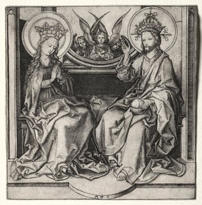 Gud Faderen og den velsignede jomfruen på tronen til stede av engler, ca. 1480-90. av Martin Schongauer