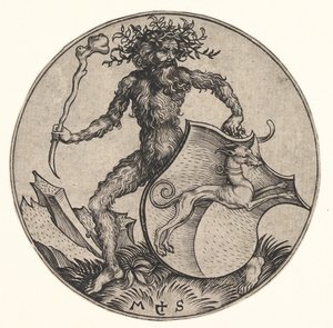 Skjold med Greyhound Holdt av Wild Man, ca. 1435-1491. av Martin Schongauer