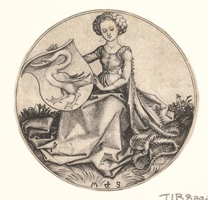 Skjold med svane holdt av kvinne, ca. 1435-1491. av Martin Schongauer
