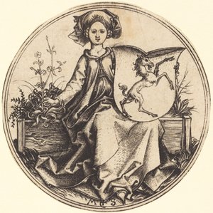 Skjold med enhjørning, holdt av kvinne av Martin Schongauer