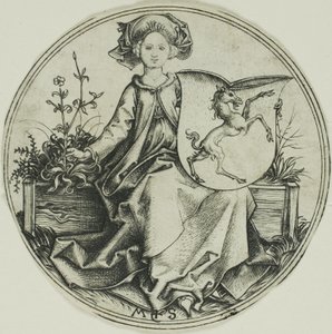 Skjold med en enhjørning, holdt av en dame av Martin Schongauer