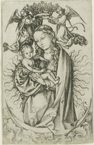 Madonnaen på halvmånen kronet av to engler av Martin Schongauer