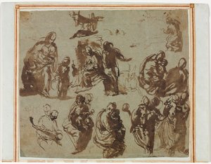 Ulike skisser av Madonna og barnet (recto) arkitekturstudier (verso) [delvis synlig på recto] av Martin Schongauer