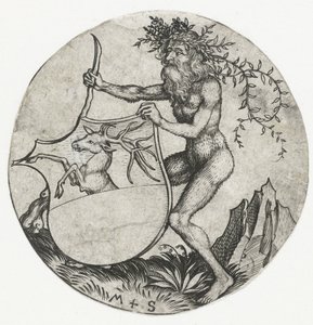 Våpenskjold med en hjort, holdt av en vill mann med en kølle Figurer med våpenskjold (serietittel) av Martin Schongauer