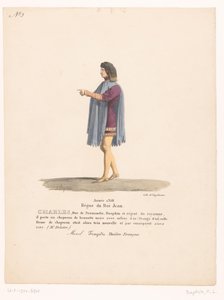 Kostuum van de dauphin Karel van Valois ut av tragedien Marcel Charles, hertug av Normandie (tittel på objekt) Theaterkostuums (serietittel) French Theatre: samling av kostymer av MM. J. Alaux og L. Duponchel fra manuskripttegninger i Bibliot av Martin Sylvestre Baptiste