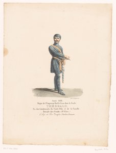 Kostuum van ridder Théobald ut de tragedie Beleiringen av Paris Theobald (tittel på objekt) Theaterkostuums (serietittel) French Theatre: samling av kostymer av MM. J. Alaux og L. Duponchel fra manuskripttegninger i Comédie Library av Martin Sylvestre Baptiste