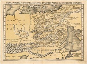 Kart over Polen, Baltikum, Ungarn og Øst-Europa fra 1513 av Martin Waldseemüller