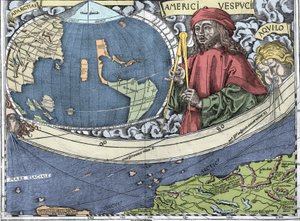 VESPUCCI, Amerigo (1454-1512). Italiensk oppdagelsesreisende og kartografi i "Waldseemuller kart eller Universalis Cosmographia - (Universal Cosmography) - Waldseemuller Planisphere"" - 1507 -