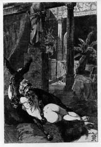 Lucius blir til et esel ved et uhell. Metamorfoser (Golden Donkey eller Asinus aureus), roman skrevet av Apulee (Lucius Apuleius) (rundt 125-rundt 180) på 200-tallet. Etching Water av Martin Van Maele av Martin van Maele