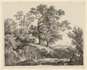 Landskap med en foss og en hvilende familie