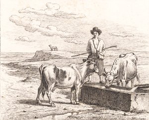 En gjetergutt ved et vanningstrau. Illustrasjon for Chr. Winther "Tjuefem bilder for små barn" av Martinus Rørbye