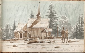 Folk i en stavkirke. I bakgrunnen en åsside av Martinus Rørbye