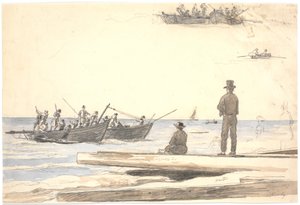 To fiskebåter seiler mot Skagens strand av Martinus Rørbye