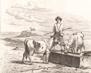 En gjetergutt ved et vanningstrau. Illustrasjon for Chr. Winther "Tjuefem bilder for små barn"