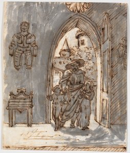"gotisk" scene. En skald fører to barn inn i et gotisk hus av Martinus Rørbye