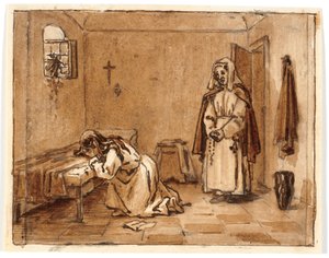 Komposisjonsstudie med en gråtende kvinne på knærne, på gulvet et brev, bak seg en nonne
