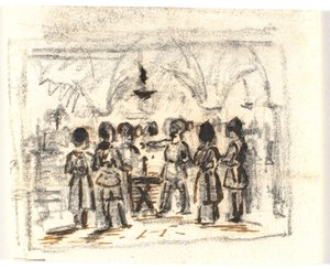 Komposisjonsutkast med en middelaldersk (?) scene av Martinus Rørbye