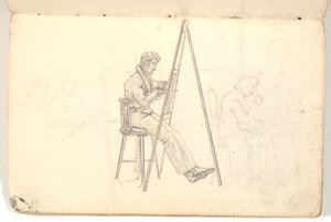 Kunstner ved staffeli, samt skisser av figurer i bakgrunnen av Martinus Rørbye