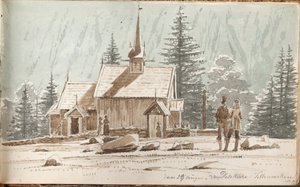 Folk i en stavkirke. I bakgrunnen en åsside av Martinus Rørbye