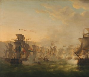 Sammenstøt mellom den nederlandske og britiske flåten under passasjen av den nederlandske flottiljen til Boulogne (1804) av Martinus Schouman (signed by artist)