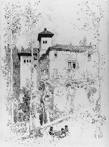 Forberedende tegning til "Tower of the Ladies" av Martín Rico y Ortega