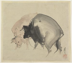 Two Bulls, ca. 1810 (blekk og farger på papir) av Maruyama Oju