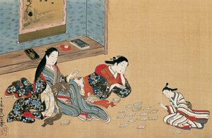 Kvinner som spiller kort, av Maruyama Okyo (1733-1765), silkemaleri i ukiyo-e-stil, Japan